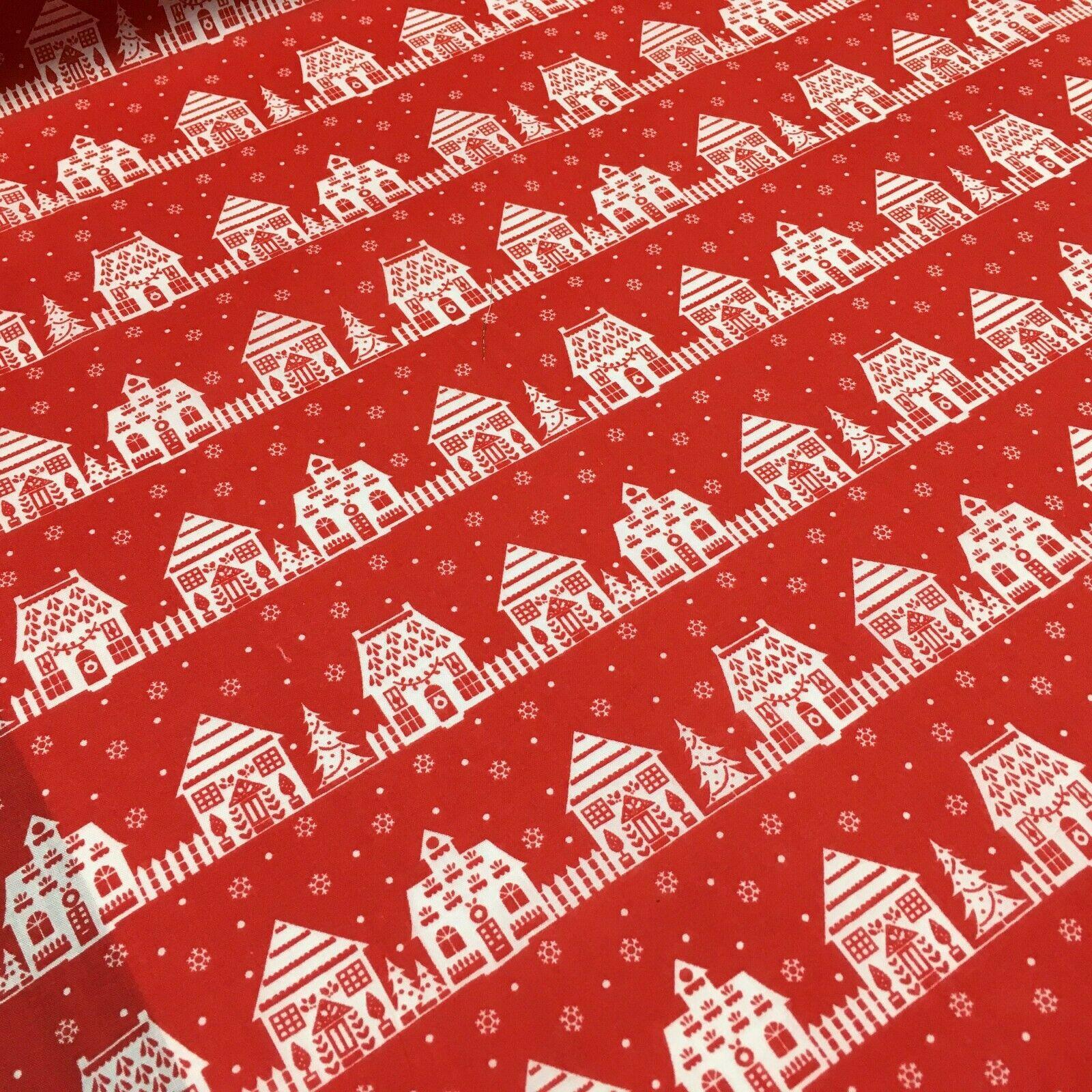 Red Christmas Cottage Printed Polycotton Fabric Craft Gifts 110 cm MD1288 Mtex