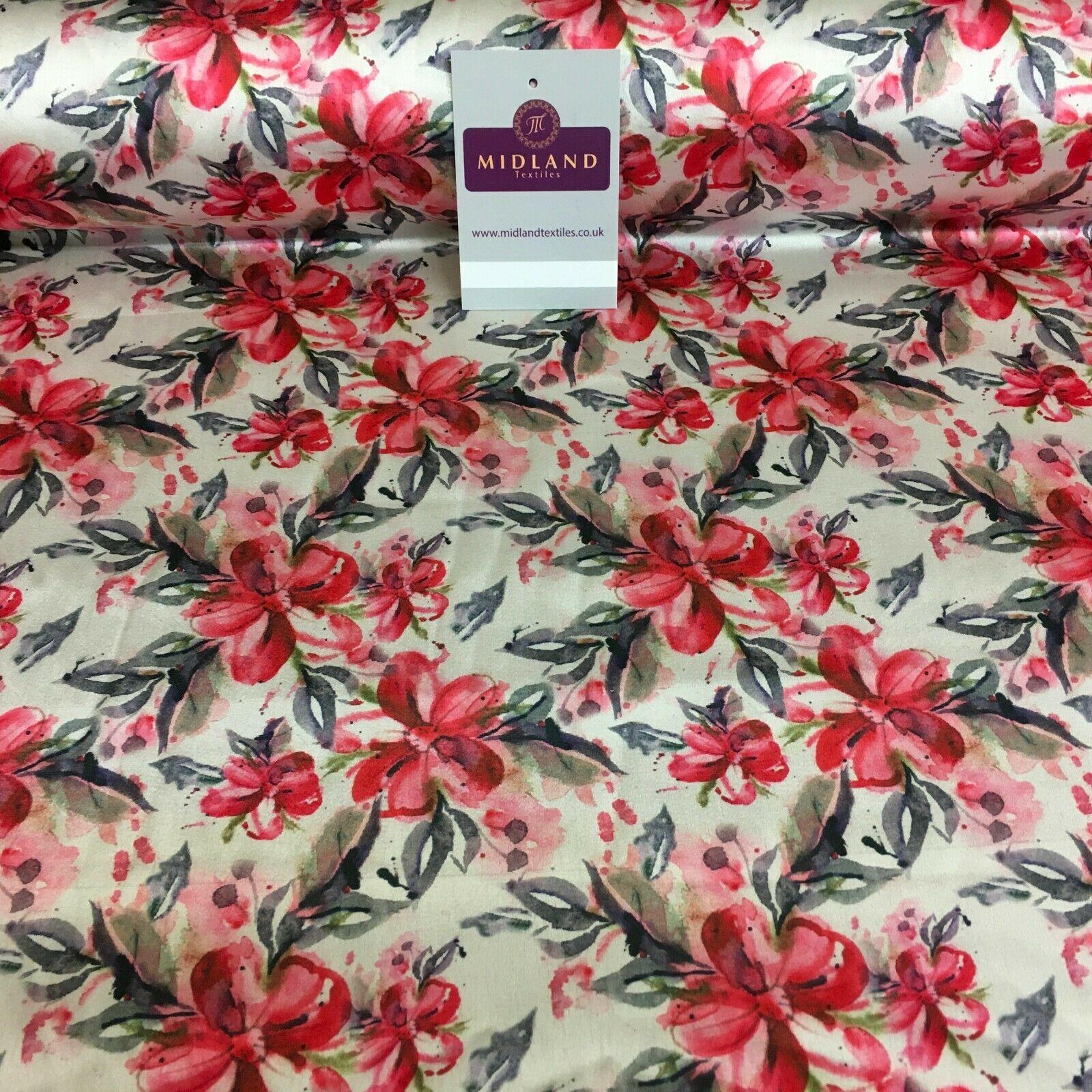Cream Pink Floral Silky Digital Printed Satin Fabric 150cm MK1327-1