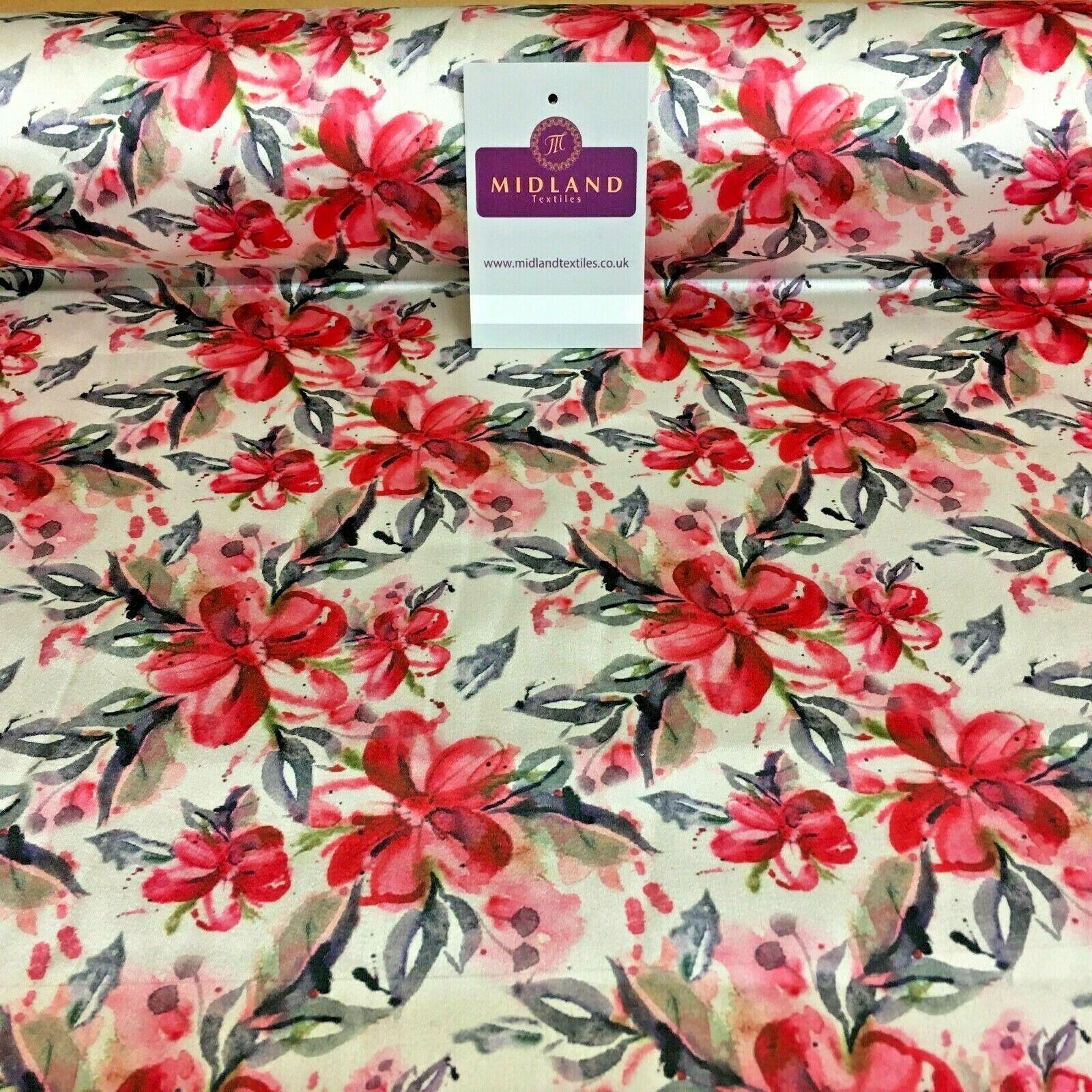 Cream Pink Floral Silky Digital Printed Satin Fabric 150cm MK1327-1