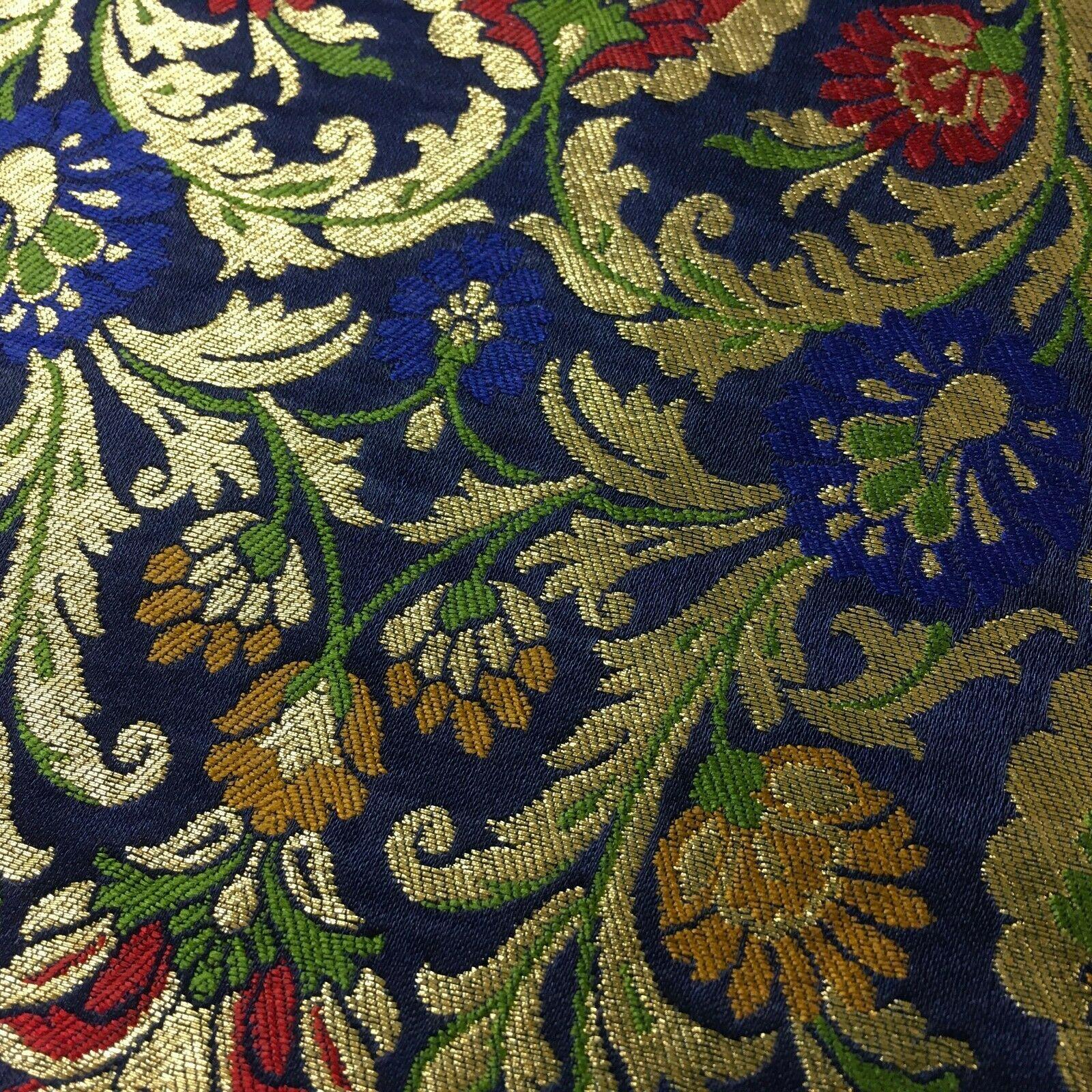 Navy Blue Gold Floral Faux Silk Banarsi Brocade Fabric 110cm MP1328