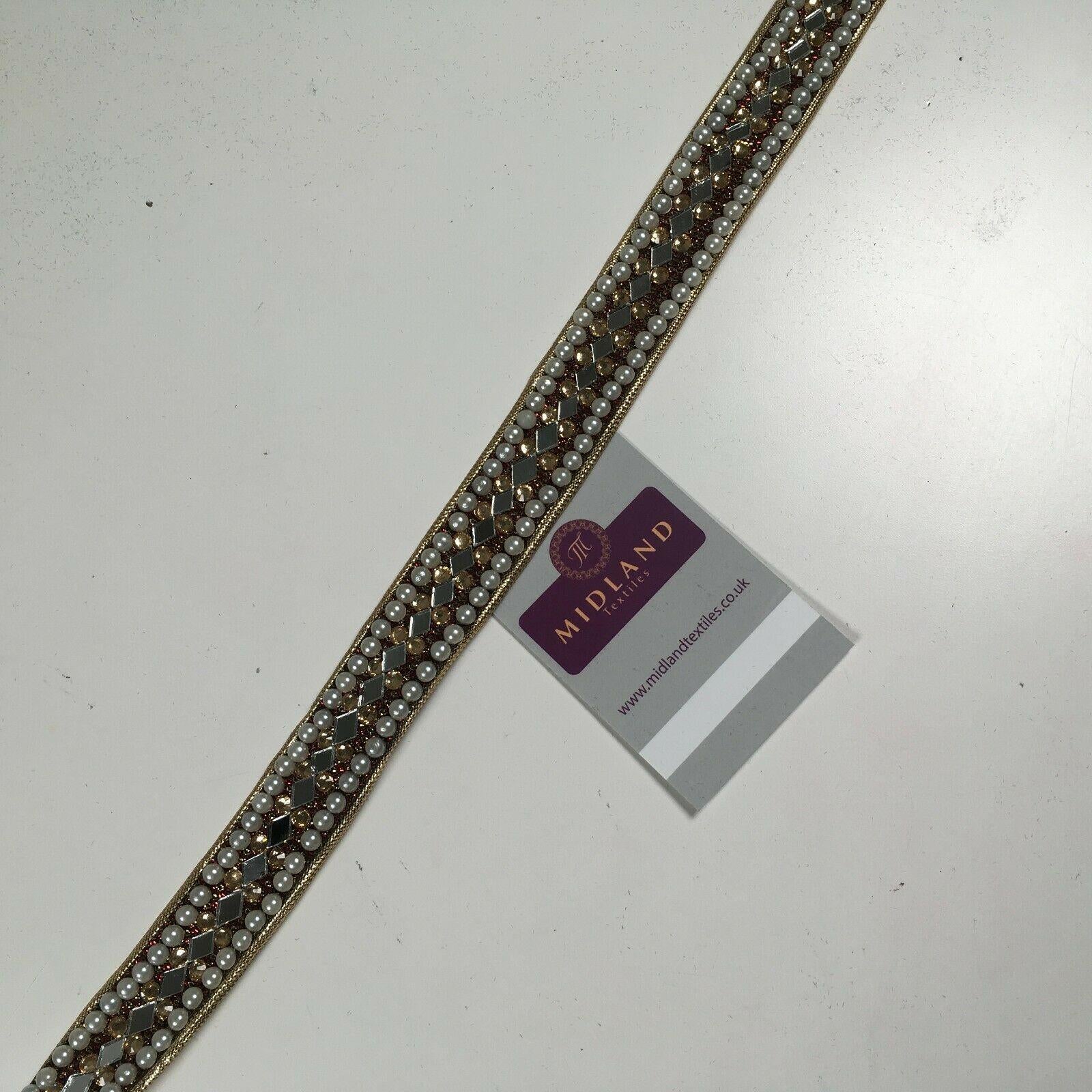 25 mm Cut out Diamond shape mirror pearl border edging sari bridal M1342