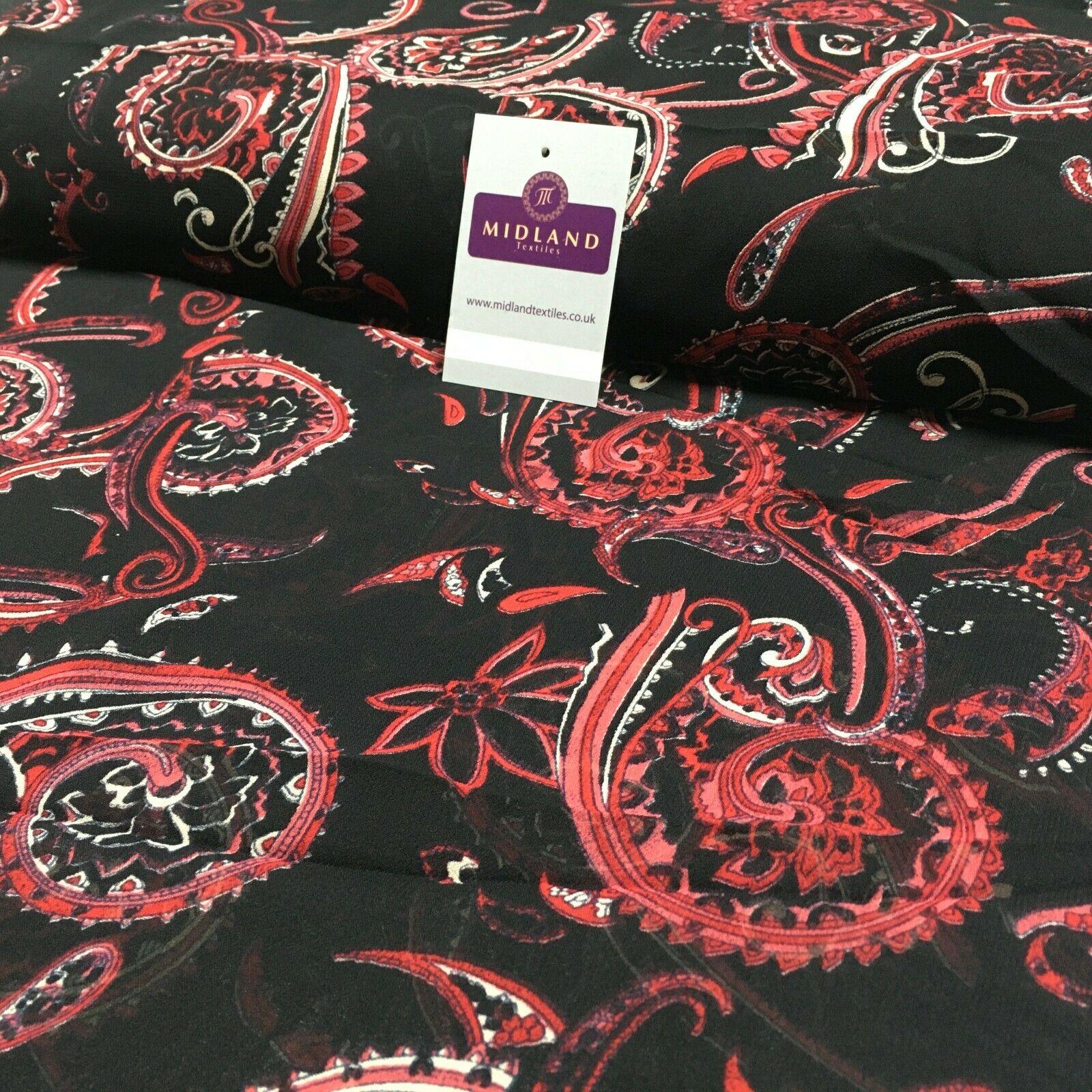 Black Red Paisley Crepe Printed Chiffon Fabric 110 cm Wide M1358-1 Mtex