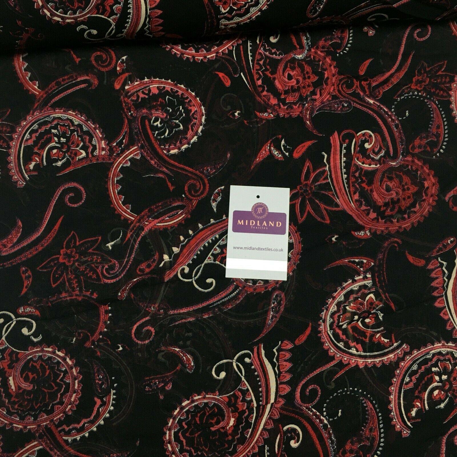 Black Red Paisley Crepe Printed Chiffon Fabric 110 cm Wide M1358-1 Mtex
