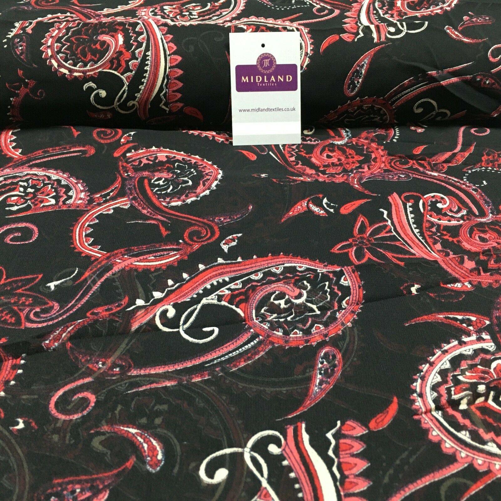 Black Red Paisley Crepe Printed Chiffon Fabric 110 cm Wide M1358-1 Mtex