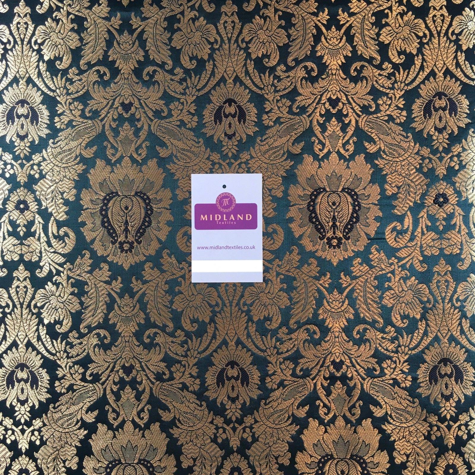 Gold Indian Floral Metallic Print Banarsi faux Silk Brocade Fabric 40' M370 Mtex