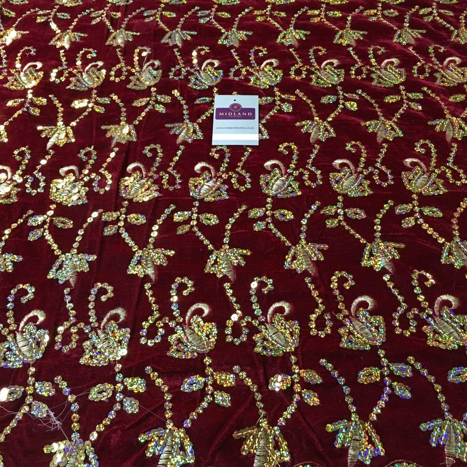 Gold Sequin Embellished Scalloped edge Micro Velvet 40' Wide  M47 Mtex