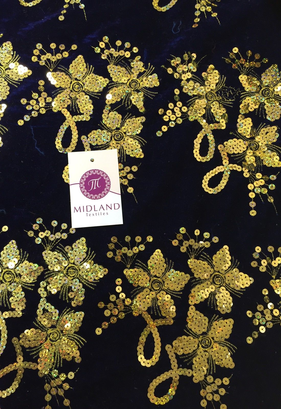 Gold Sequin Embellished Scalloped edge Micro Velvet 40' Wide  M47 Mtex