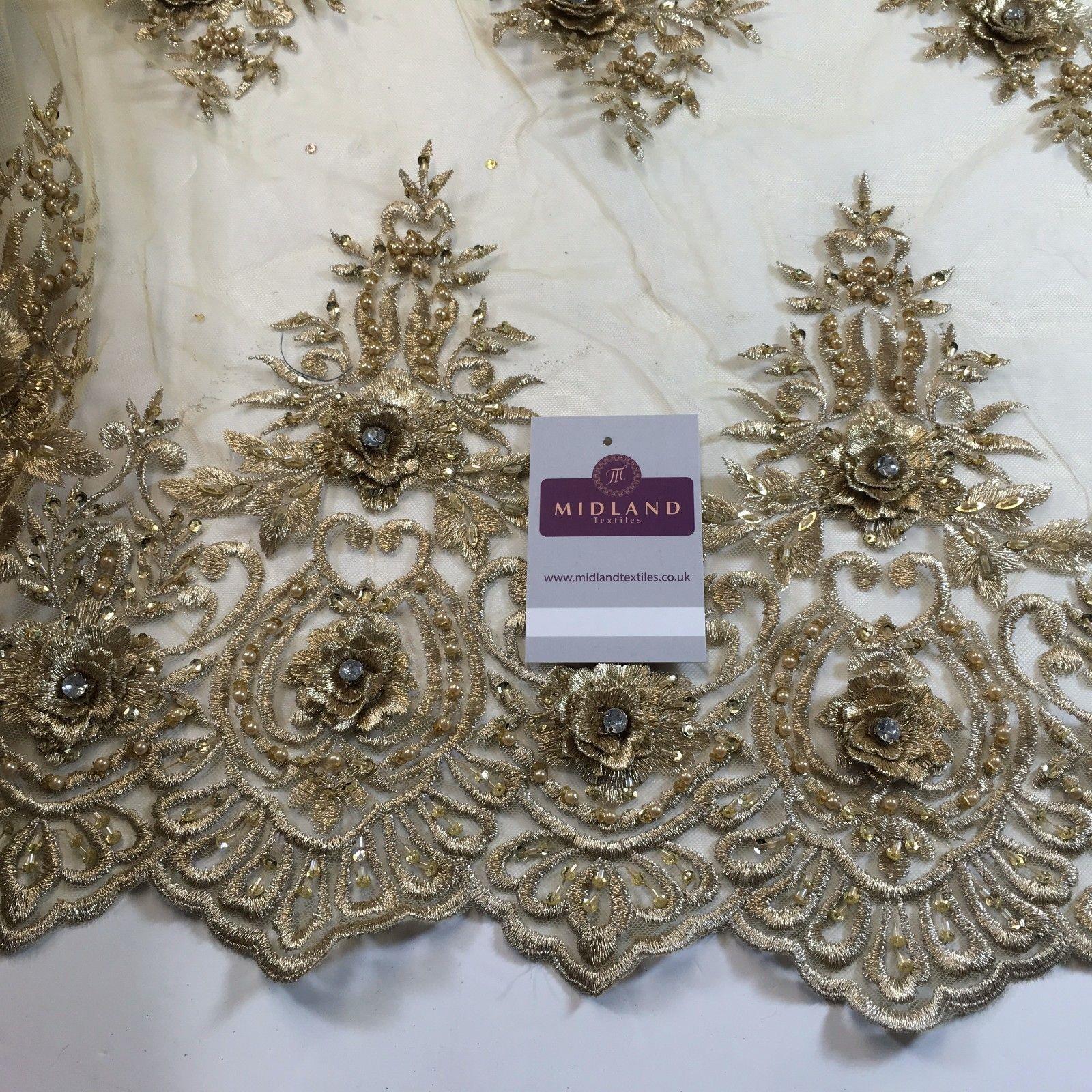 Embroidered Floral scalloped edged net with faux pearls & clear stones 58" M791 - Midland Textiles & Fabric