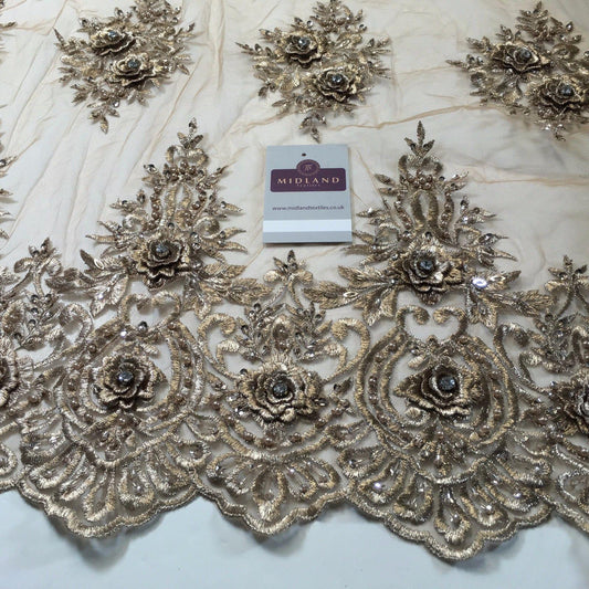 Embroidered Floral scalloped edged net with faux pearls & clear stones 58" M791 - Midland Textiles & Fabric