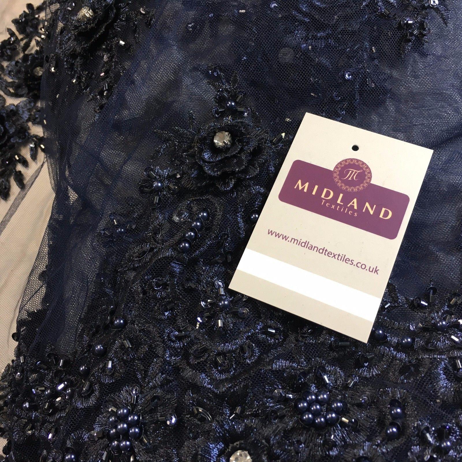 Embroidered Floral scalloped edged net with faux pearls & clear stones 58' M791 - Midland Textiles & Fabric