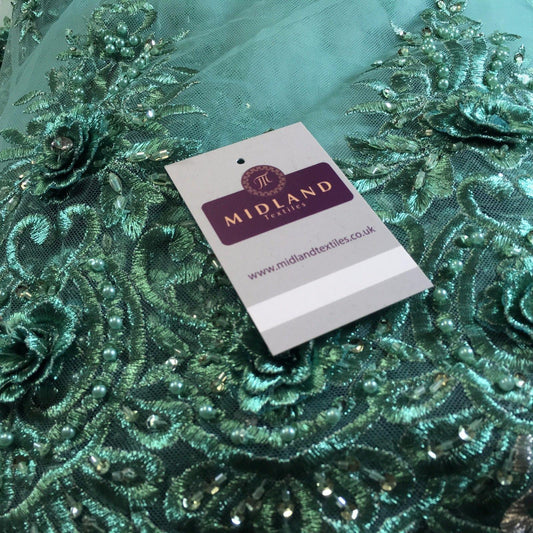 Embroidered Floral scalloped edged net with faux pearls & clear stones 58" M791 - Midland Textiles & Fabric