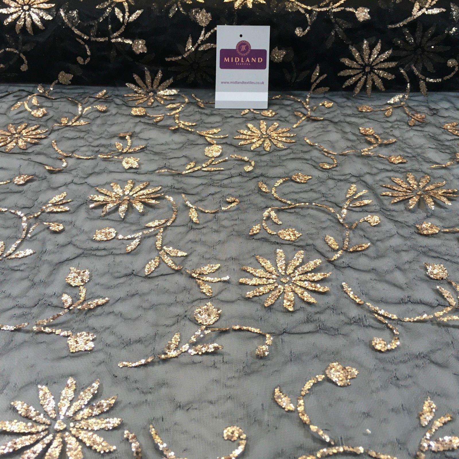 Matt Gold Floral Metallic Glitter black mesh net dress fabric 58 M781 -  Midland Textiles