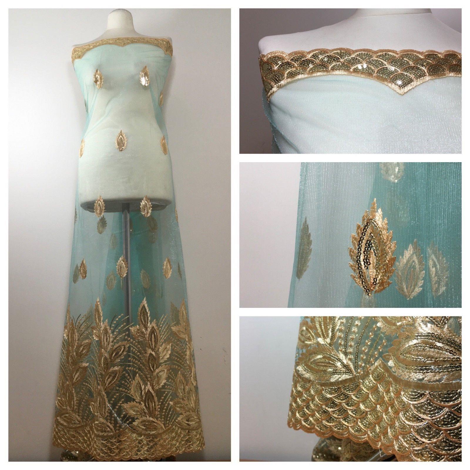 Gold Floral Embroidered Scalloped edge Dress Net Fabric 55' Wide M801 Mtex