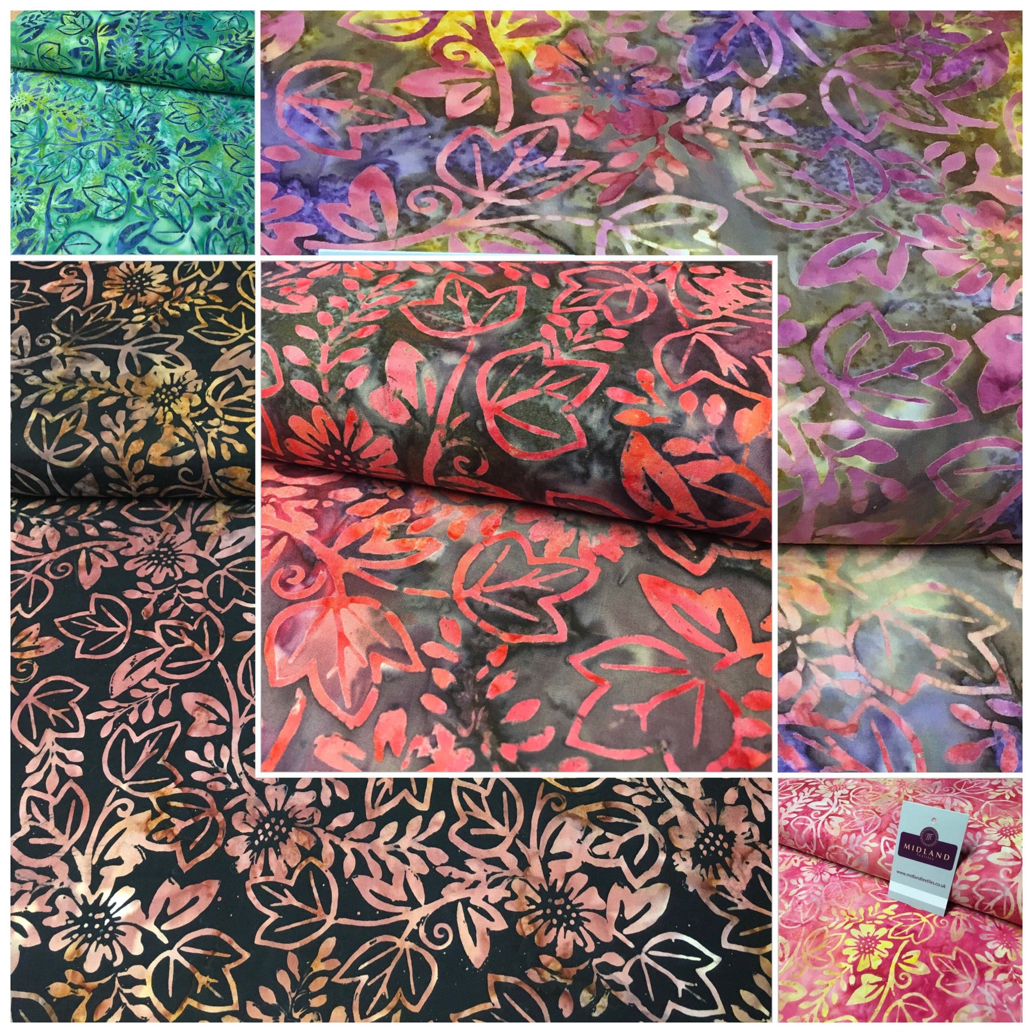 Ivy Leaves Floral Bali Batik 100% Cotton Patchwork Fabric MK901 Mtex Yellow Green A / Sample