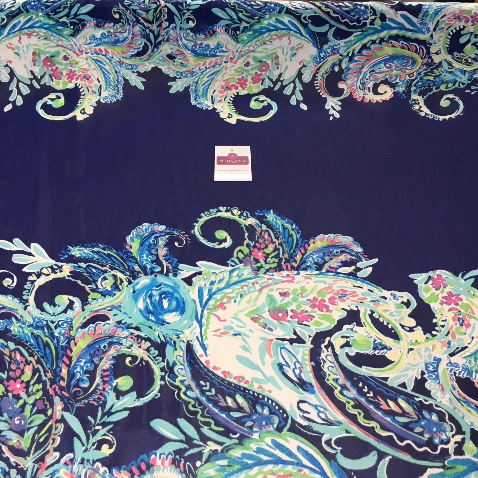 Navy Aqua Paisley Ornate Printed Chiffon fabric 58' M401-57 Mtex