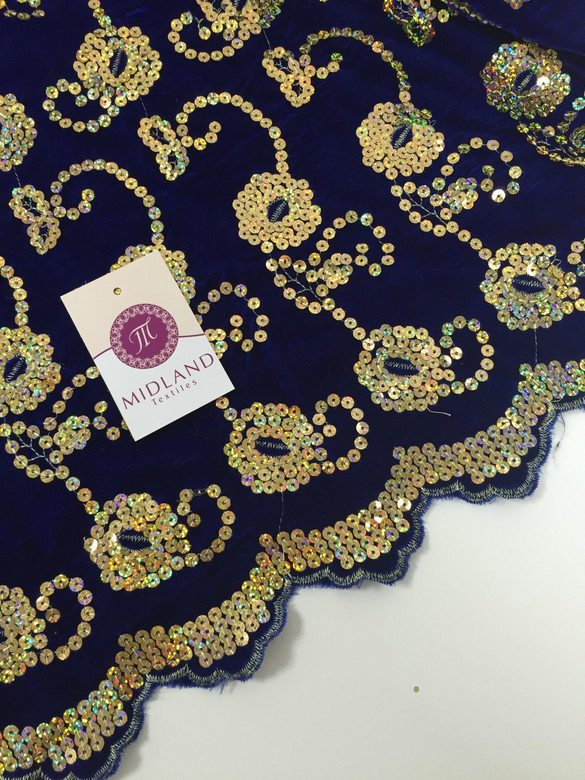 Gold Sequin Embellished Scalloped edge Micro Velvet 40' Wide  M47 Mtex
