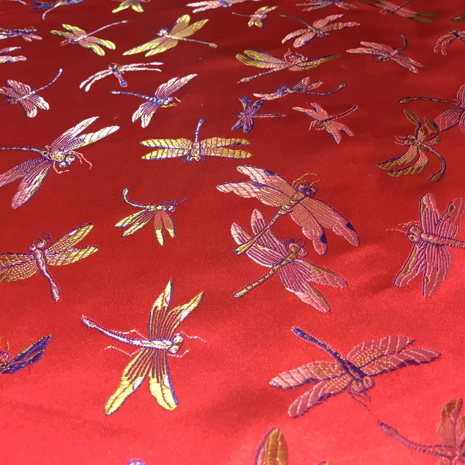 CHINESE ORIENTAL GOLD DRAGONFLY BROCADE SILKY SATIN DRESS FABRIC 44" M163