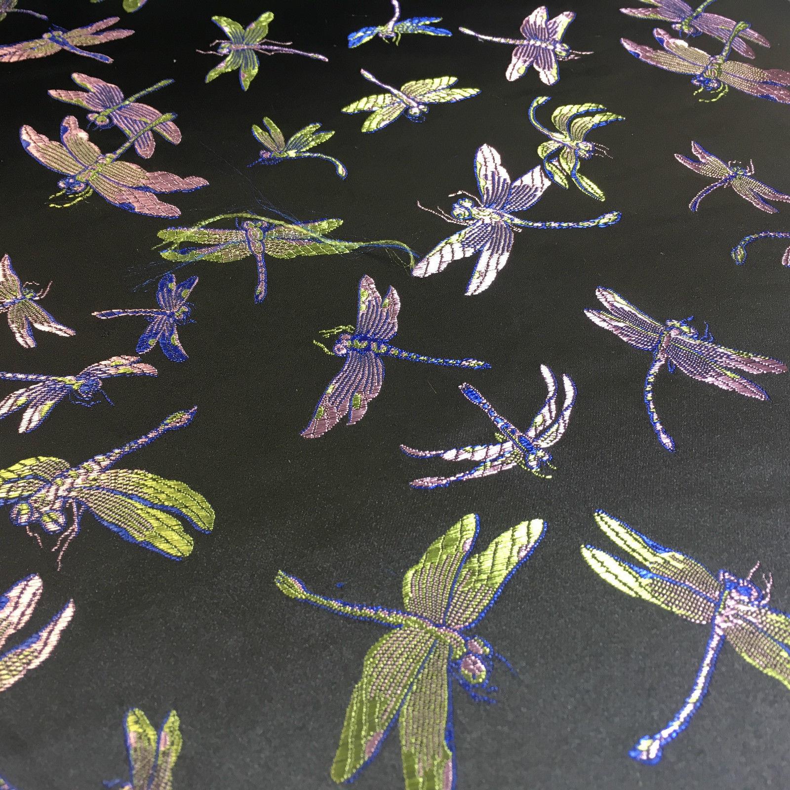CHINESE ORIENTAL GOLD DRAGONFLY BROCADE SILKY SATIN DRESS FABRIC 44' M163