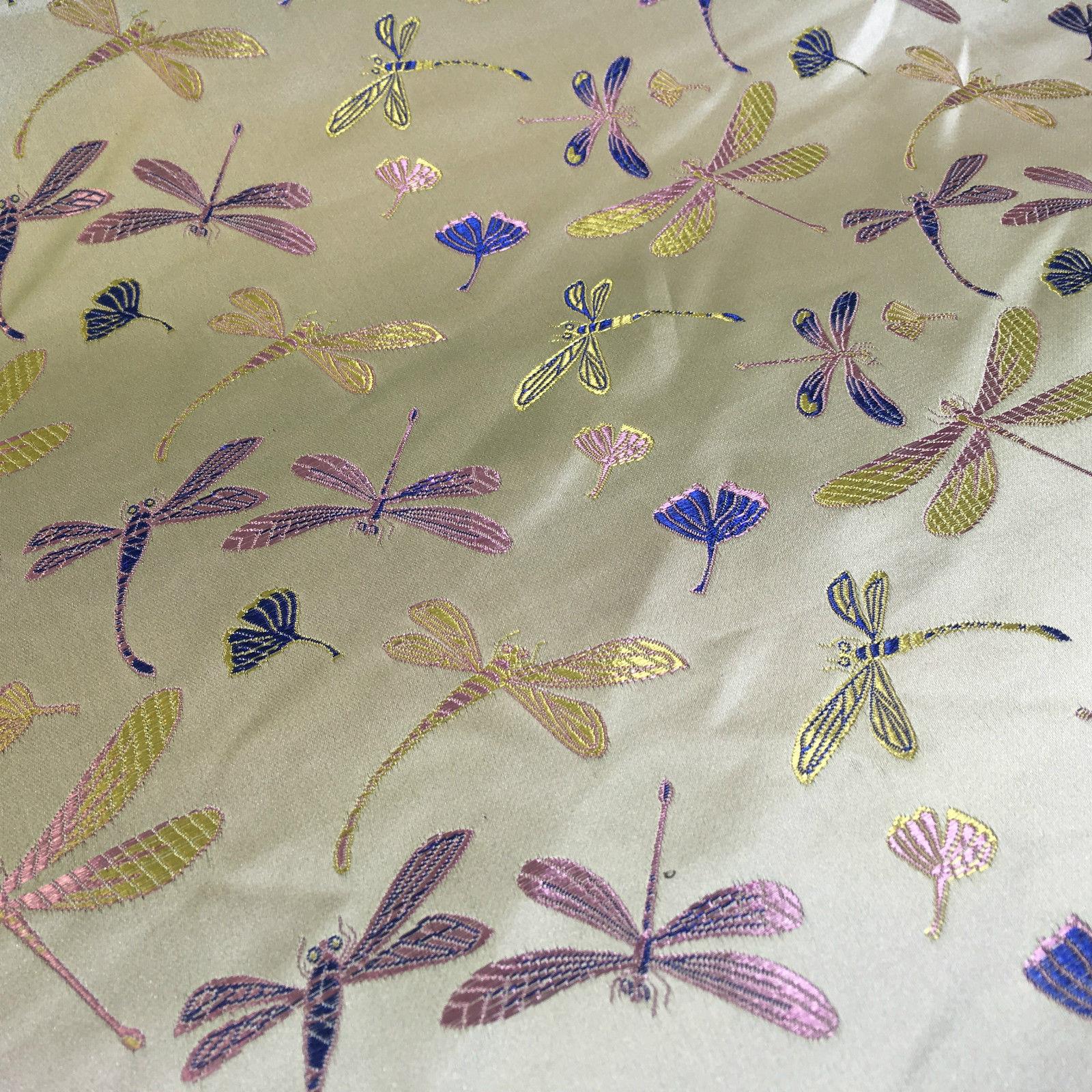 CHINESE ORIENTAL GOLD DRAGONFLY BROCADE SILKY SATIN DRESS FABRIC 44' M163