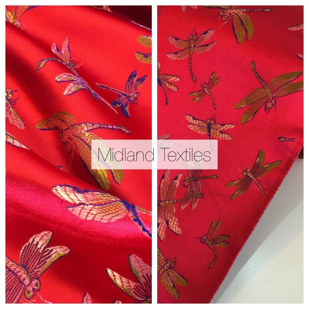 CHINESE ORIENTAL GOLD DRAGONFLY BROCADE SILKY SATIN DRESS FABRIC 44' M163