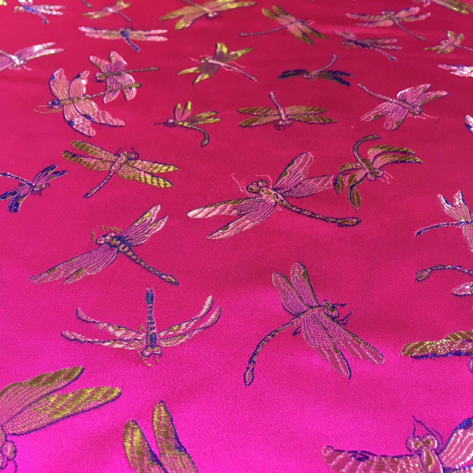 CHINESE ORIENTAL GOLD DRAGONFLY BROCADE SILKY SATIN DRESS FABRIC 44" M163