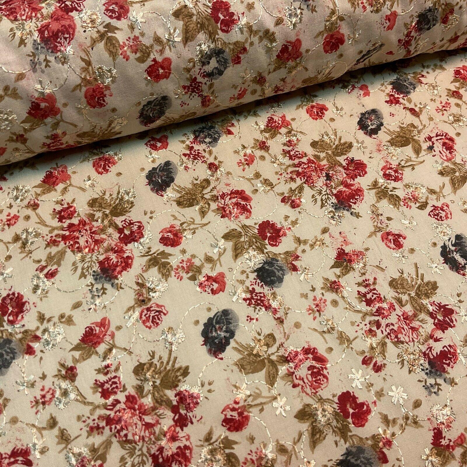 Beige Floral Broderie Anglaise Polycotton dress fabric 100cm M1568