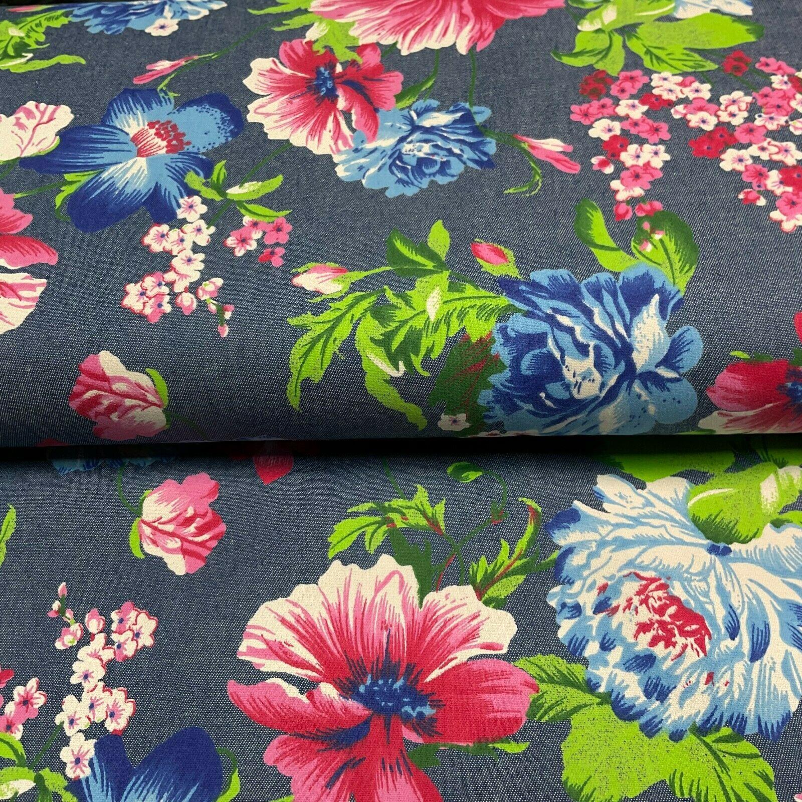 Floral Printed 100% Cotton Chambray Denim Mixed Designs Dress Fabric 147cm M1604