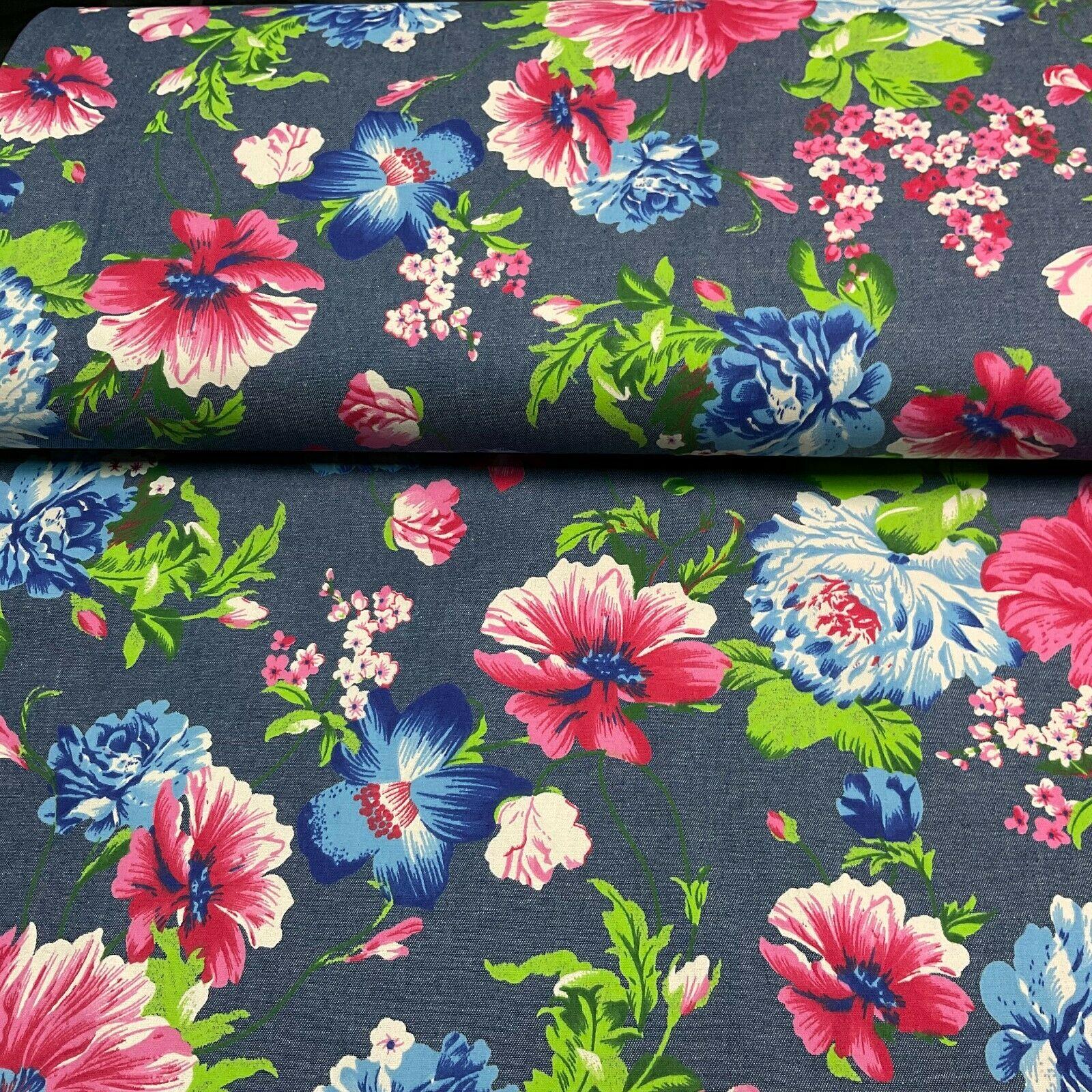 Floral Printed 100% Cotton Chambray Denim Mixed Designs Dress Fabric 147cm M1604