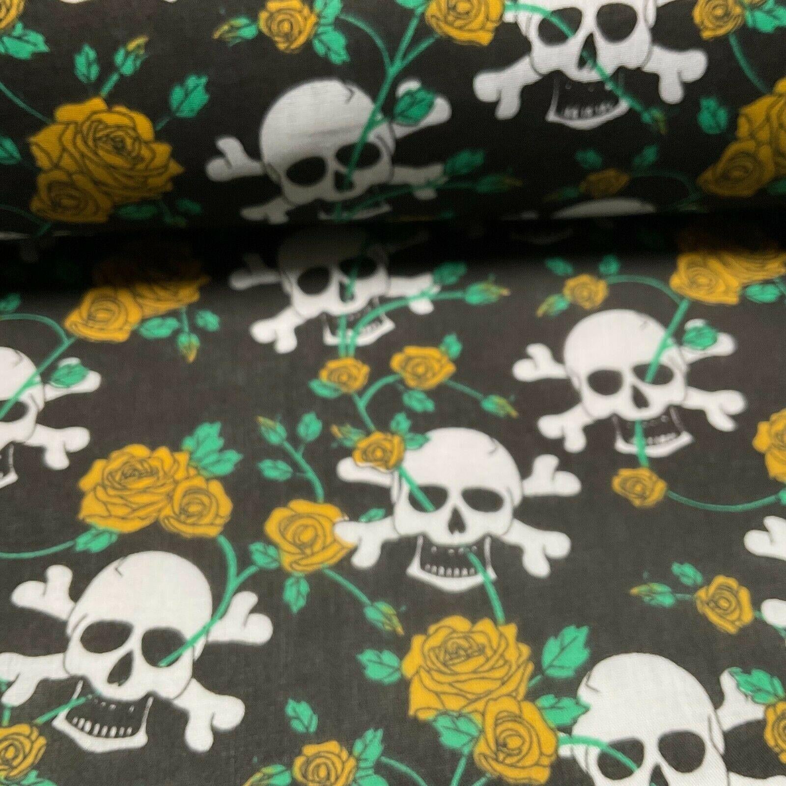 Halloween Skulls and bone roses Printed Polycotton fabric 114cm M1554