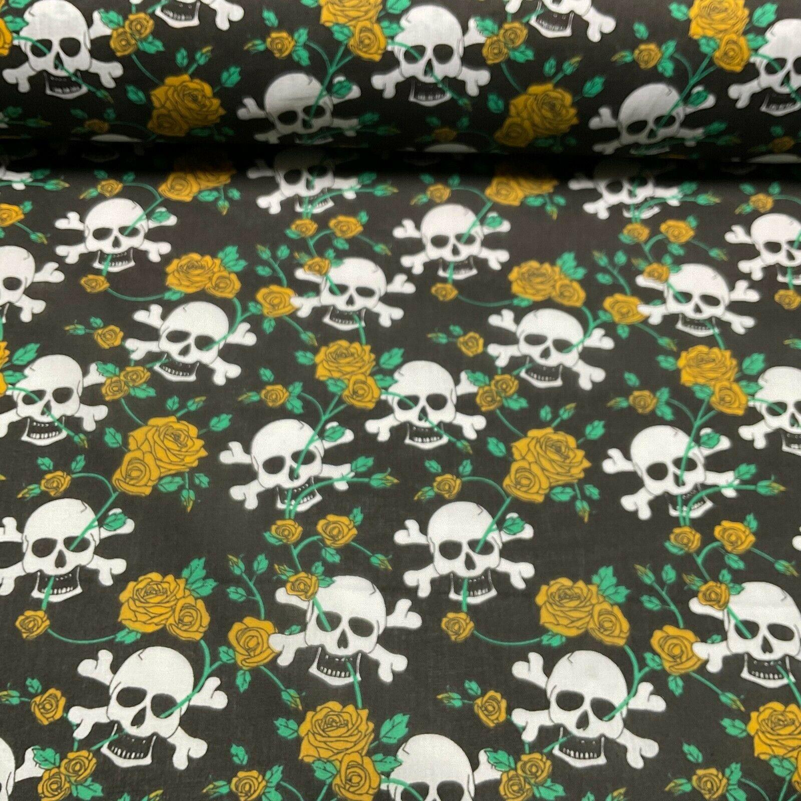 Halloween Skulls and bone roses Printed Polycotton fabric 114cm M1554
