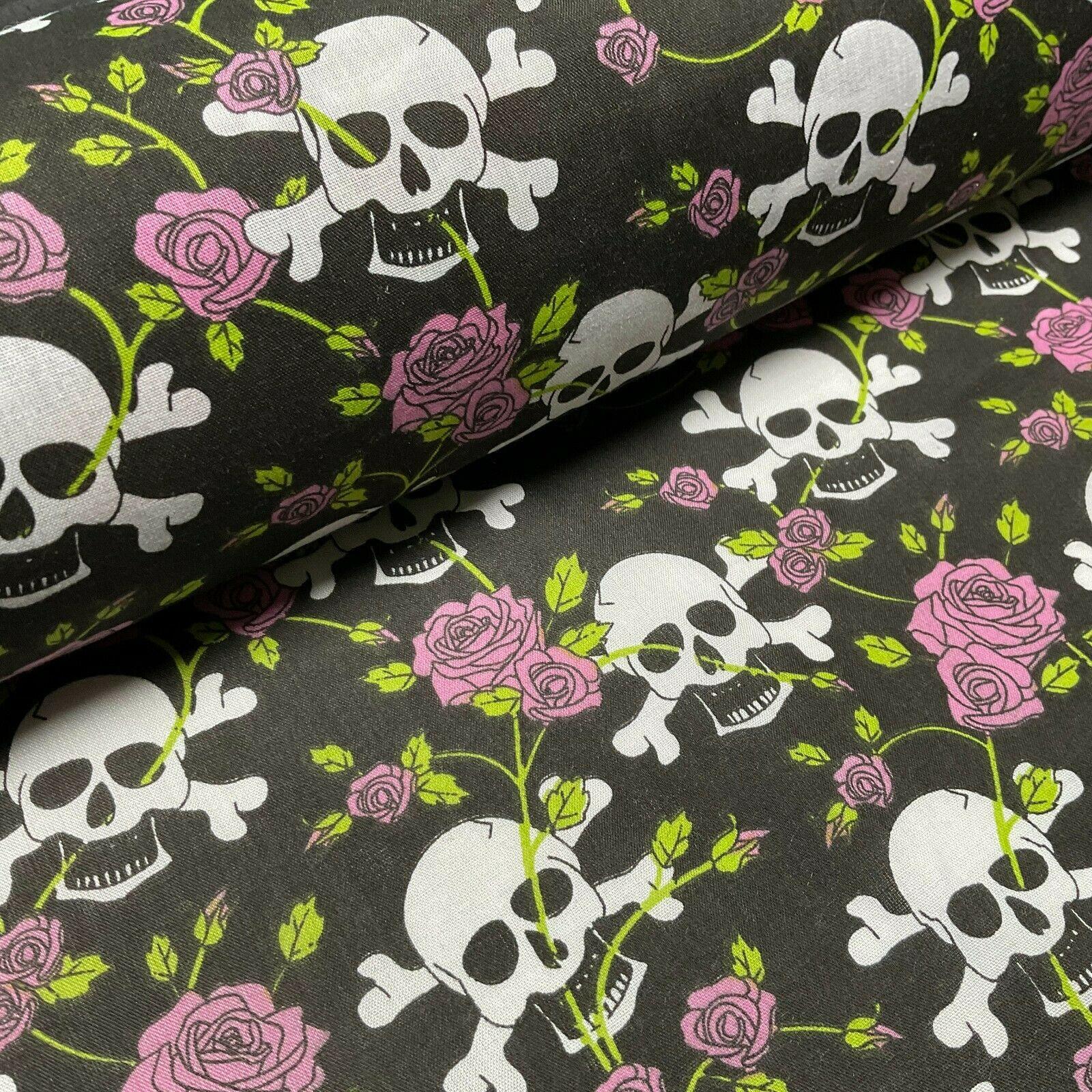 Halloween Skulls and bone roses Printed Polycotton fabric 114cm M1554